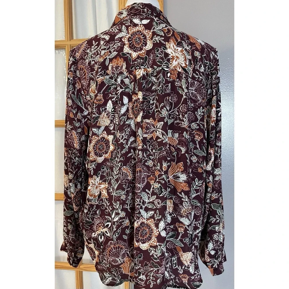 Anthropologie Philosophy Floral Button Blouse Sz M Burgundy Orange Career Boho - Picture 3 of 12